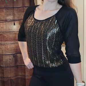 Express Black and Gold Sequin Blouse